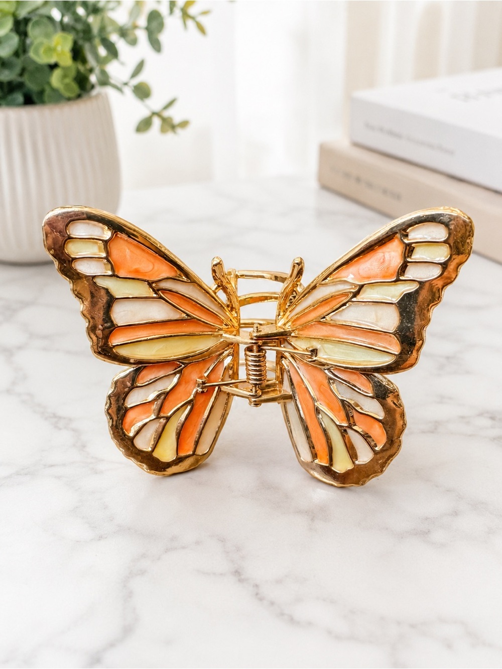 Gold Butterfly Decorative Clip - Orange and Cream Accent